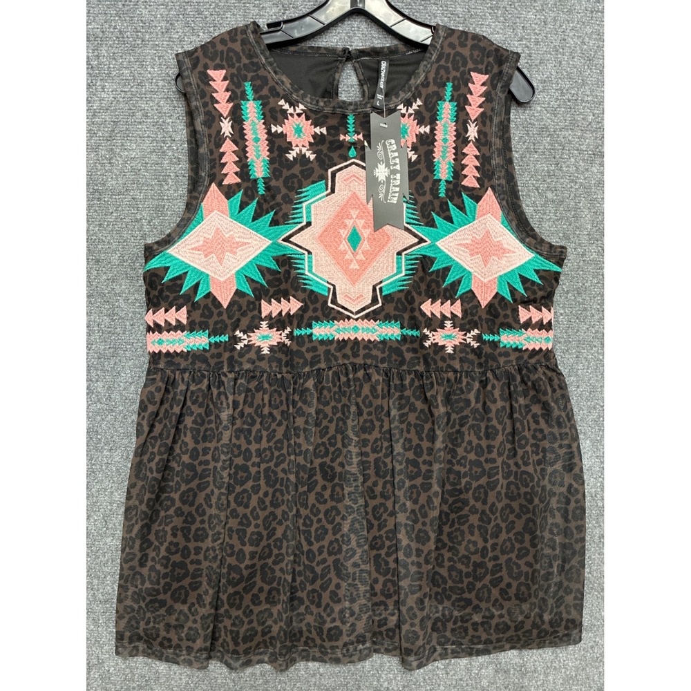 Crazy Train Womens Leopard Southwestern Embroidered Babydoll Tank Top Brown L